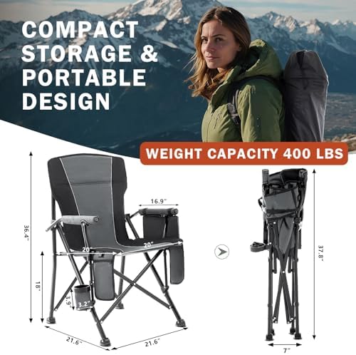 Heated Folding Camping Chair Portable for Outdoor Sports, Fully Padded Heated Lawn Chair Support 400lbs, Collapsible Heated Camp Chair with 3 Heat Levels for Outside, Gray(2 Battery Pack Required)