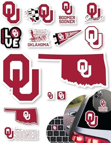 Oklahoma Sooners Stickers (14 Piece) University of Oklahoma Gifts for Men Football Fans for Car Laptop Water Bottle + 2 Large Car Decals, 10 Water Bottle Size, 2 Keyboard Size