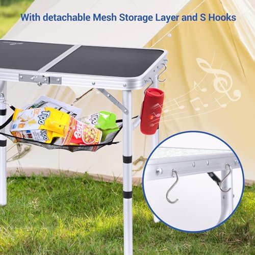 Sportneer Folding Table: Adjustable Height Camping Essentials 23.6" L x 15.7" W 3 Height with Mesh Layer - Compact & Portable Small Folding Table for Outdoor Camp Garden Picnic BBQ Dining Cooking