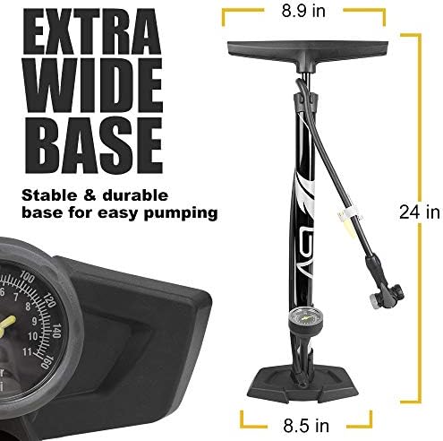BV Bicycle Pump Durable Bike Floor Pump 17/24 inch Smart Valve Head, 160 psi, Automatically Reversible Presta and Schrader