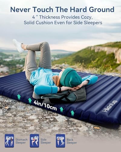 Hikenture Double Sleeping Pad for Camping, 4" Extra-Thick Camping Mattress 2 Person, Inflatable & Ultralight Sleeping Mat for Backpacking, Hiking (Navy Pumpsack, Full XL)