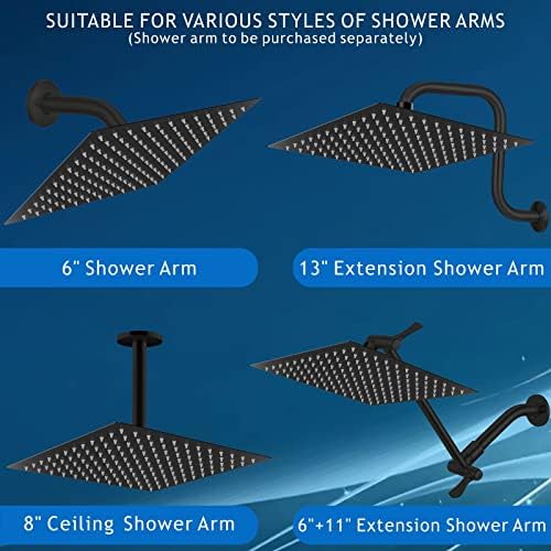 Voolan Rain Shower Head - High Flow Large Rainfall Shower Heads Made of Stainless Steel - Waterfall Bathroom Square Showerhead - Ceiling or Wall Mount (12" Black)