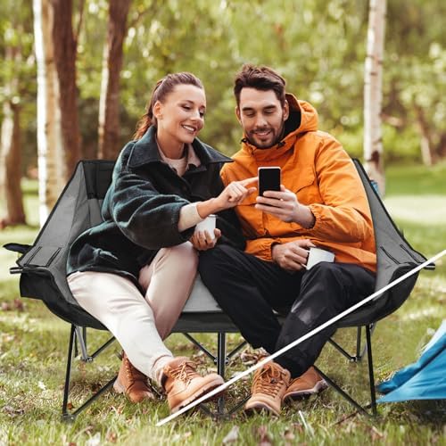REALEAD Double Camping Chair - Oversized Camping Loveseat for Adults Two Person Support 650 lbs - Heavy Duty Folding Camp Chair with Cooler Bags for Outdoor Sports Beach