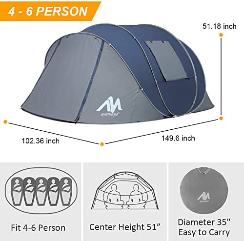 6 Person Easy Pop Up Tents for Camping - AYAMAYA Double Layer Waterproof Instant Tent with Vestibule & Porch, Large Size Family Tent Automatic Setup for 4-6 People Camping Hiking (Poles Included)