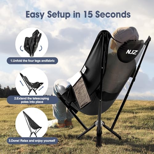 High Back Camping Chair - 600 LBS Capacity Oversized Camping Chair with Comfortable Backrest & Headrest, Quick Setup - Compact Folding Chair for Indoor/Outdoor Use - Black