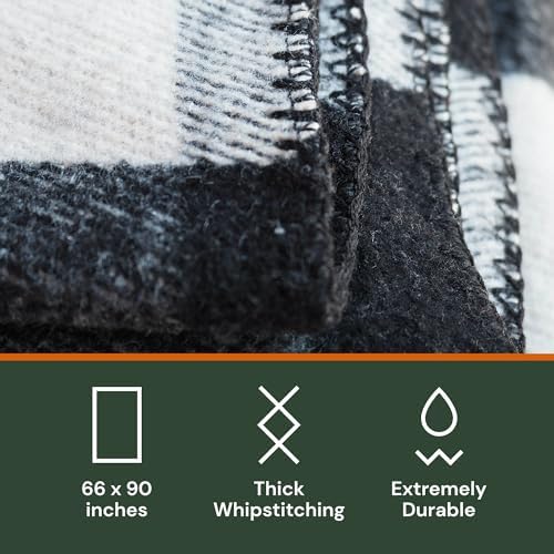 Woolly Mammoth Merino Wool Blanket- 66" x 90" 4 lbs Thick, Outdoor/Indoor Throw for Campfire, Picnic, Beach, Van Life, Home, Heavy Duty Insulating Sleep Plaid, Twin Size Bed, Black/Cream Design