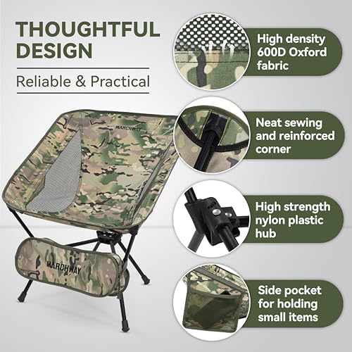 MARCHWAY Lightweight Folding Camping Chair, Stable Portable Compact for Outdoor Camp, Travel, Beach, Picnic, Festival, Hiking, Backpacking, Supports 330Lbs (Camo)