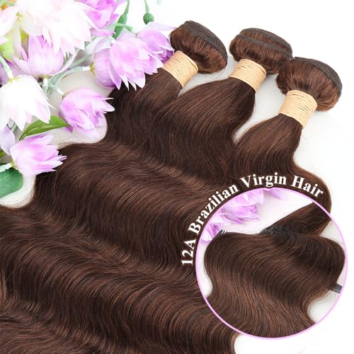 ALLRUN Brown Body Wave Bundles Human Hair 16 18 20 Inch Light Brown Hair Bundles Body Wave 12A 100% Unprocessed Brazilian Virgin Hair Chocolate Color Human Hair Extension Color 4#