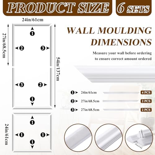 Pangda 6 Set Peel and Stick Wall Molding Kit, Premade Accent Molding Wainscoting Panel for Interior Wall Moulding Decor, Ready to Assemble Wainscoting Accent Panel (54 x 24 in)