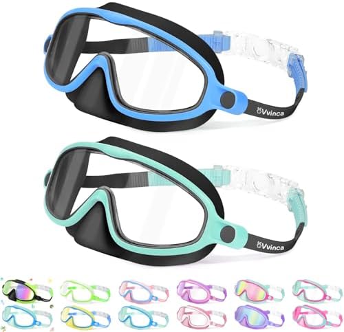 Vvinca 2 Pcs Kids-Swim-Goggles with Nose Cover, Swimming Diving Mask Wide View Anti Fog UV Anti Shattered Lens for Kids 3-6