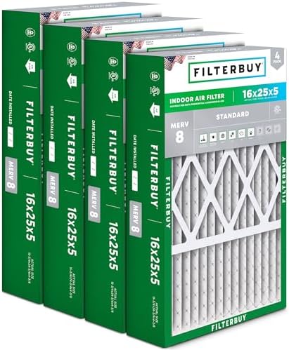 Filterbuy 16x25x5 Air Filter MERV 8 Dust Defense (4-Pack), Pleated HVAC AC Furnace Air Filters for Honeywell FC100A1029, Lennox X6670, Carrier, & More (Actual Size: 15.75 x 24.75 x 4.38 Inches)