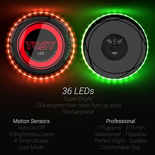 TOSY Flying Disc - 16 Million Colors RGB or 36 LEDs, Extremely Bright, Smart Modes, Camping Essentials for Teens/Kids/Adults/Men/Boys/Girls, Auto Light Up, Patented, Rechargeable, Waterproof, 175g