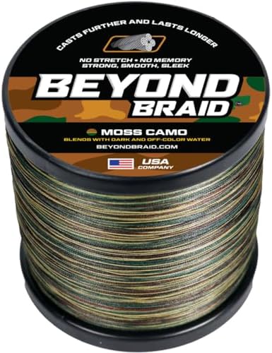 Beyond Braid Braided Fishing Line -Super Strong - Abrasion Resistant - No Stretch -Blue Camo, Moss Camo, White, Green, Pink, Blue, 4 Strand 8 Strand