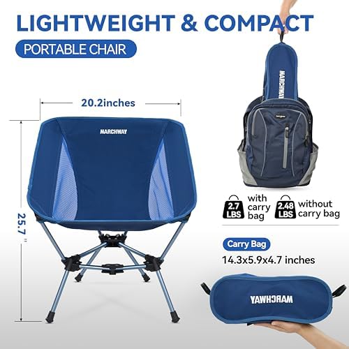MARCHWAY Lightweight Folding Camping Chair, Stable Portable Compact for Outdoor Camp, Travel, Beach, Picnic, Festival, Hiking, Backpacking, Supports 330Lbs (Dark Blue)