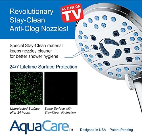 Hotel Spa AquaCare High Pressure 8-Mode Handheld Shower Head - Anti-clog Nozzles, Built-in Power Wash to Clean Tub, Extra Long 6 ft. Stainless Steel Hose, Wall & Overhead Brackets