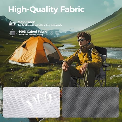 ALPHA CAMP Oversized Mesh Back Camping Folding Chair Heavy Duty Support 350 LBS Collapsible Steel Frame Quad Chair Padded Arm Chair with Cup Holder Portable for Outdoor (Black/Grey)