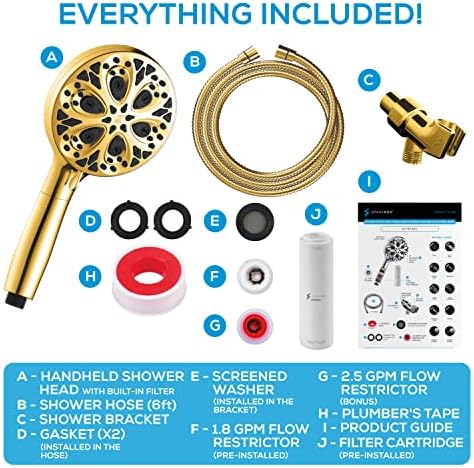SparkPod 10-Mode Handheld Shower Head with Filter - 5" High Pressure Filtered Shower Head with Touch-to-Clean Nozzles, Built-In Power Jet, Stainless Steel 6ft Hose & Bracket (Egyptian Gold)
