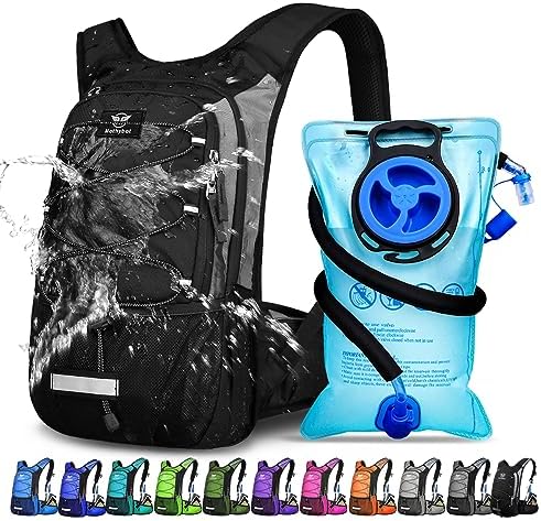 Insulated Hydration Backpack Pack with 3L BPA Free Leak Proof Water Bladder, Large Storage Lightweight Hiking Daypack with Waist Pouches & Cooler Layer, for Running, Biking, Camping, Festival