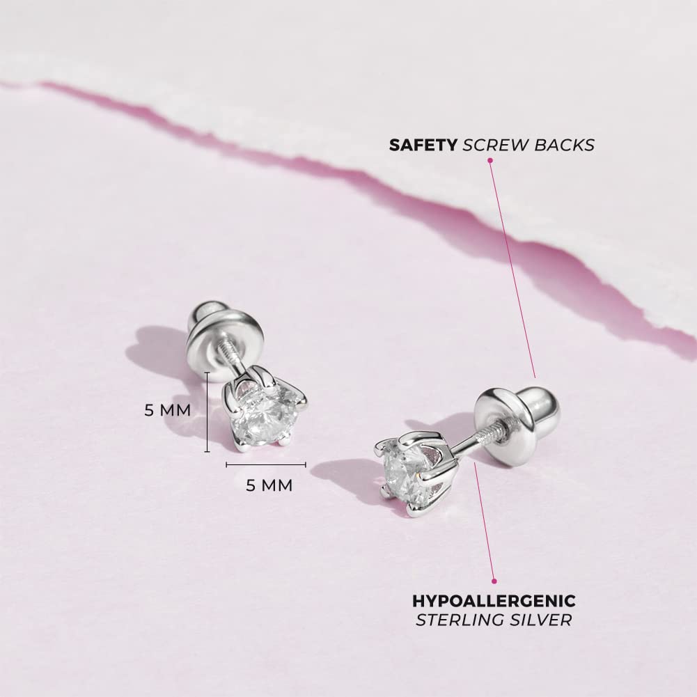 In Season Jewelry Solitaire Simulated Birthstone Kids Earrings - 925 Sterling Silver Hypoallergenic Earrings for Girls with Secure Screw Backs - Safe & Comfortable for Kids & Little Girls, Clear