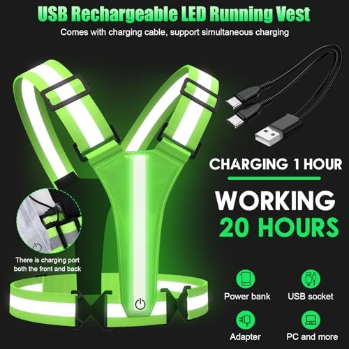 LED Reflective Vest Running Gear, 5 Colors Lights Up Running Vest Rechargeable for Night Walking Running Cycling Jogging, Adjustable Size for Men Women Kids