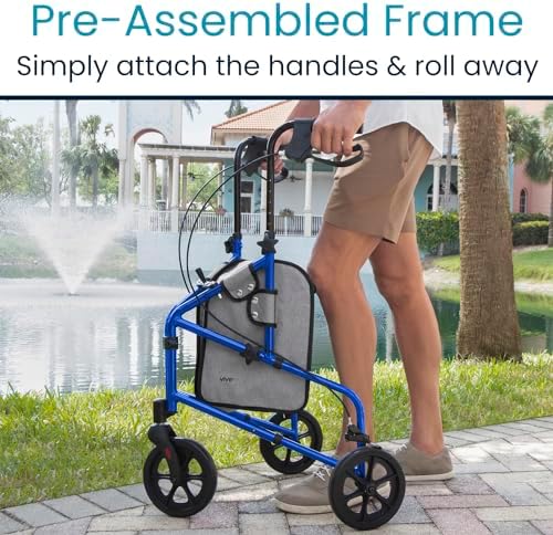 Vive Mobility 3 Wheel Walker - Three Wheeled Rollator for Seniors - Lightweight, Foldable, Narrow, Heavy Duty - for Elderly Men Women - Folding 3-Wheel Tri Scooter with Basket Bag (FSA HSA Approved)