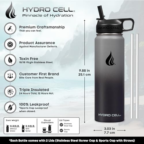 HYDRO CELL Stainless Steel Insulated Water Bottle with Straw - For Cold & Hot Drinks - Metal Vacuum Flask with Screw Cap and Modern Leakproof Sport Thermos for Adults (Graphite/Black 24oz)