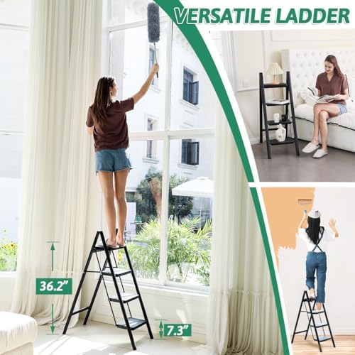 4 Step Ladder Folding Step Stool, Heavy Duty 330 Lbs Load Step Ladders for Home, Tall Kitchen/Closet Stepladder for Adults, Black Small & Lightweight Ladder with Anti-Slip Wide Pedals by OOSOFITT