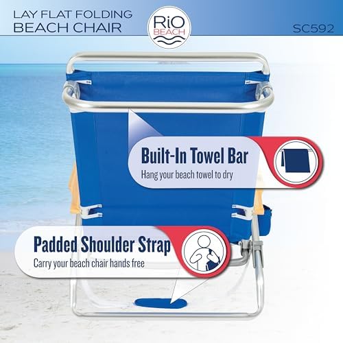 RIO beach Classic 5-Position Lay-Flat Folding Beach Chair, 30.8" x 24.75" x 29.5", Cool Blue Stripes, Pink/White/Beige/Black, 1 Count (Pack of 1)