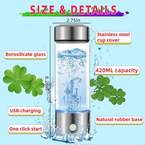 Hydrogen Water Bottle Generator, Portable Hydrogen Water Ionizer Machine Rechargeable,Hydrogen Rich Water Glass Health Cup for Travel 420ml Gift for Friends/Women/Men/Mom/Father/Grandpa/Grandma