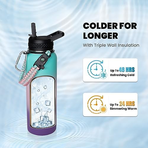 Insulated Water Bottle 40 oz, Triple Wall Vacuum Stainless Steel (Cold for 48 Hrs), Leak Proof & BPA-Free, Modern Water Flask Jug with Paracord Handle & Straw Spout Lids, Hydrangea