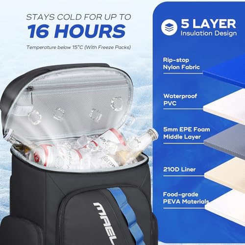 Maelstrom Backpack Cooler,36 Can Cooler Backpack,Soft Cooler Bag Insulated Leakproof,Lightweight Ice Chest Backpack,Travel Cooler Lunch Backpack for Camping,Hiking,Beach,Black