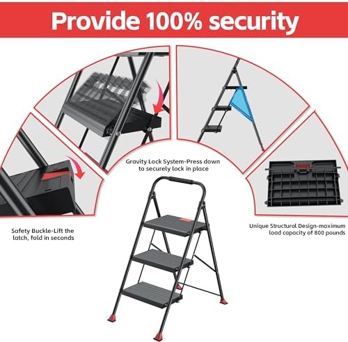 Step Ladder Foldable Folding Stool - for Home Adults Kitchen 3 Stepping Extension Tall Heavy Duty with Handrails - Closet Stepstool Stair Ladders Extendable Stepladder for Indoor House 800Lbs