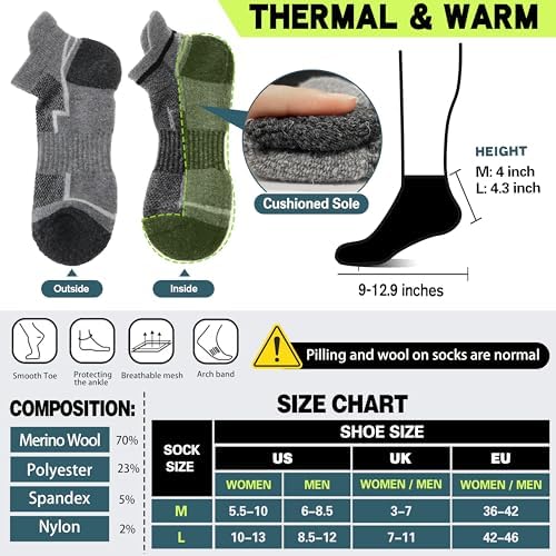 6 Pairs Merino Wool Ankle Hiking Running Socks Compression Support Thick Athletic Low Cut Socks for Women Men