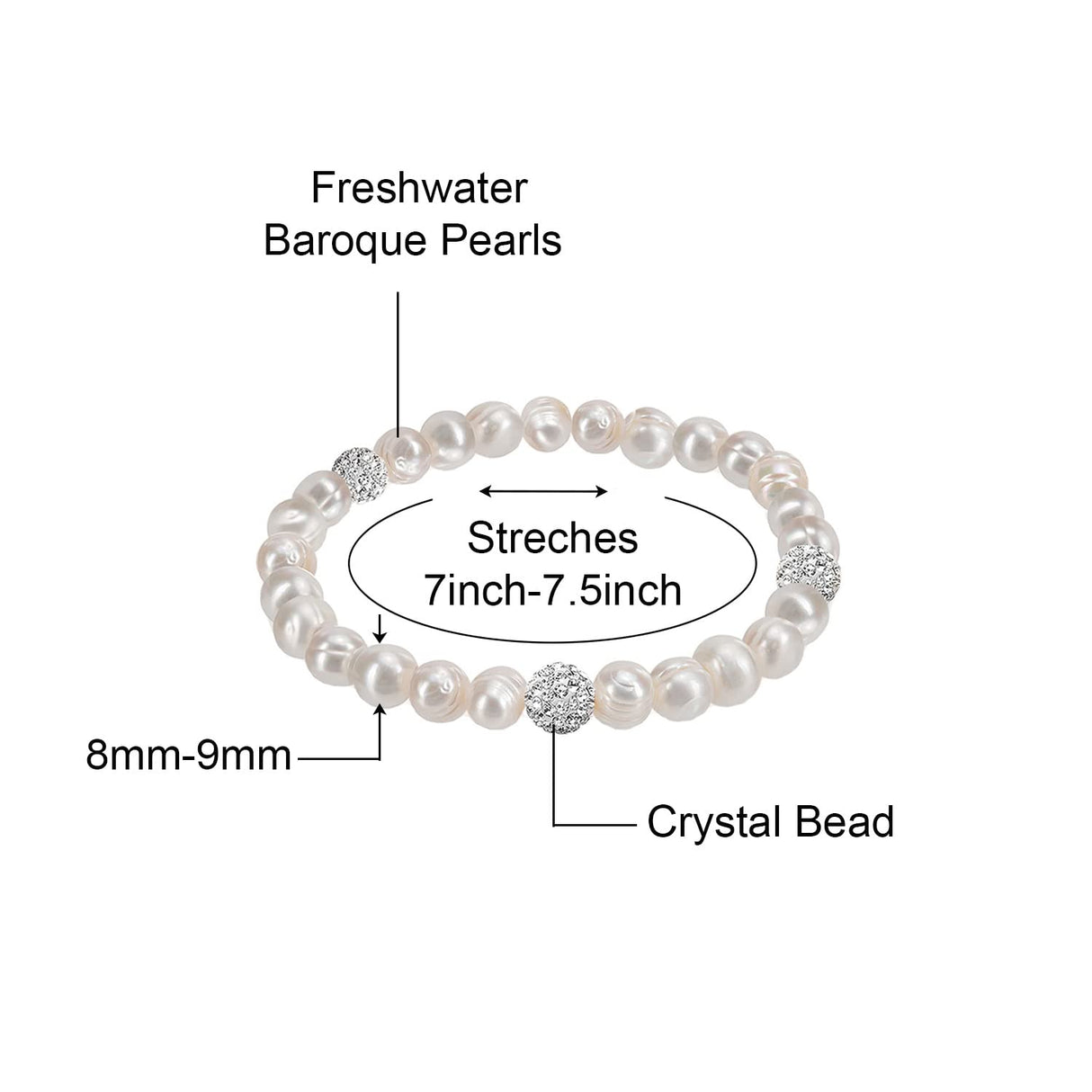 Savlano 8MM Cultured Freshwater Natural White Pearl Crystal Bead Stretch Bracelet 7 inches for Women Comes with Gift Box
