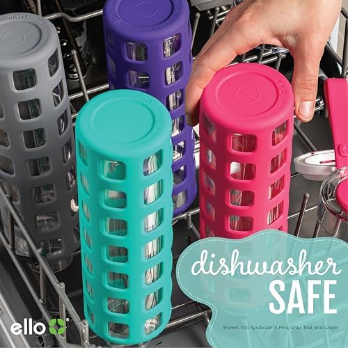 Ello Syndicate 20oz Reusable Glass Water Bottle with One-Touch Leak Proof Flip Lid and Protective Non-Slip Silicone Sleeve and Carry Loop for Coffee, Tea and Water, BPA-free Dishwasher Safe