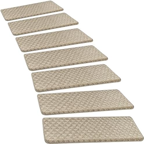PURE ERA Bullnose Carpet Stair Treads Tape Free Non-Slip Indoor Stair Protectors Pet Friendly Stair Treads for Wooden Steps 9.5" x 30"(14 Pieces,Cream Gray Mini-Diamond Trellis)