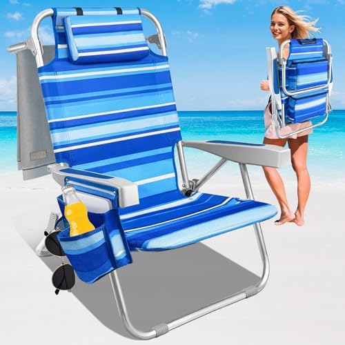 Beach Chairs for Adults with 5 Positions, Folding Backpack Beach Chair with Cooler & Storage Pouch, Portable Camping Chair with Cup Holder, Towel Bar, Lay Flat Camp Chair Support to 350LBS
