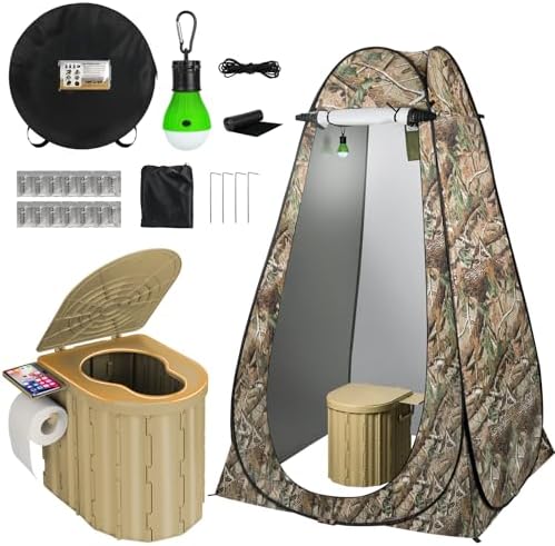 Portable Camping Toilet with Pop-Up Privacy Tent, 12-inch Toilet Seat, Outdoor Portable Folding Toilet Potty for Adults Load Capacity of 400 Lbs, LED-Light Camping Bathroom