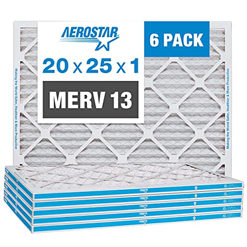 Aerostar 20x25x1 MERV 13 - 6 Count - Pleated HVAC, Furnace & Air Conditioner Filters - Removes Bacteria, Dust, Cold & Flu Germs, Lint, Mold, Pet Dander, Allergy-Causing Pollen, Smog, Smoke & Viruses