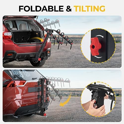 BougeRV Upgrade 2.0 Hitch Bike Rack with Dual Lock for SUV Truck, 165LB Capacity 2/3/4 Bikes Hitch Bike Carrier Rack with 2'' Hitch Receiver, Easy Assembly, Tilting & Foldable Bike Rack Hitch