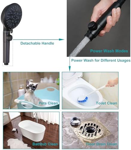 Handheld Shower Head with On Off Switch,8-mode High Pressure Shower Wand with Long Hose and Bracket Extra Adhesive Holder for Lower Mount,Built-in Power Wash to Clean Tub,Tile & Pets,Black…