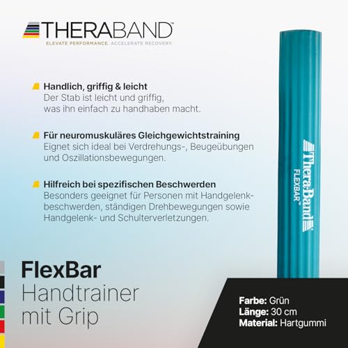 THERABAND FlexBar, Tennis Elbow Therapy Bar, Relieve Tendonitis Pain & Improve Grip Strength, Resistance Bar for Golfers Elbow & Tendinitis, Green, Medium, Intermediate