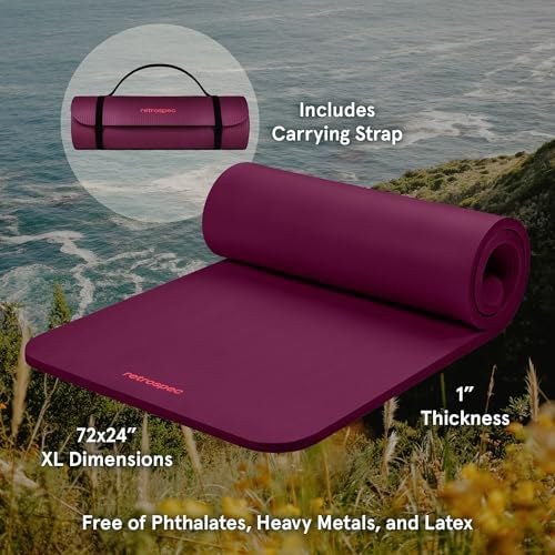 Retrospec Solana Yoga Mat 1" Thick With Nylon Carry Strap for Men & Women - Non Slip Exercise Mat for Home Yoga, Pilates, Stretching, Floor & Fitness Workouts