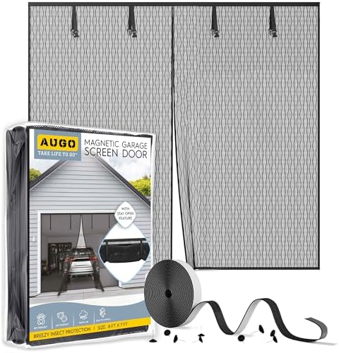 AUGO Garage Door Screen Magnetic Closure - Garage Screen Doors for 1 Car Garage Pull Down - Magnetic Screen Door Mesh - Heavy Duty Weighted Bottom- Pet & Kid Friendly - Keep Open Feature - 8' x 7'
