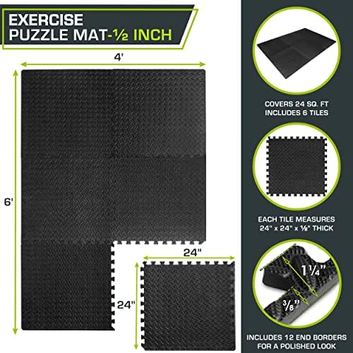 ProsourceFit Puzzle Exercise Mat ½ in, EVA Interlocking Foam Floor Tiles for Home Gym, Mat for Home Workout Equipment, Floor Padding for Kids, Black, 24 in x 24 in x ½ in, 48 Sq Ft - 12 Tiles