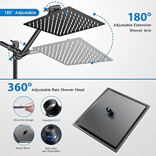 High/Low Pressure Water Rain Shower Head with 11 Inch Adjustable Extension Arm and 5 Settings Handheld Shower Head Combo,Powerful Shower Spray - Matte Black, 12 Inch