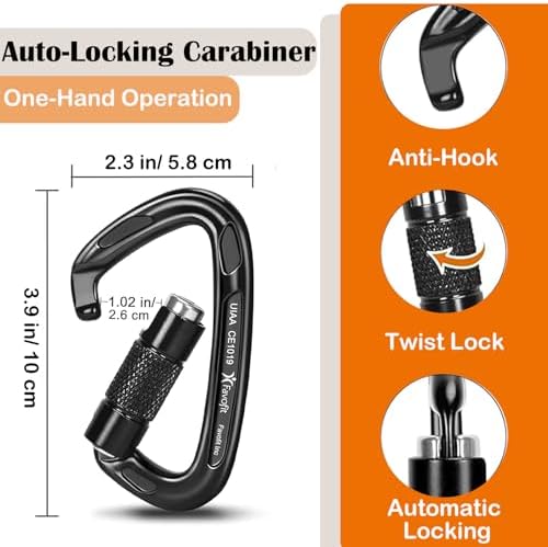 Heavy Duty Locking Climbing Carabiner - Favofit 25KN 42KN UIAA Certified Auto Lock Carabiner Clip for Arborist - 3.9'' Large Rock Climbing Hook for Hammock Rappelling Hunting