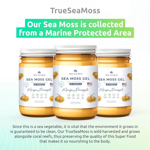 TrueSeaMoss Wildcrafted Irish Sea Moss Gel –7 Flavors- Nutritious Organic Raw Seamoss Rich in Minerals, Proteins & Vitamins – Antioxidant Health Supplement, Vegan Made in USA (Mango/Pineapple, 1)
