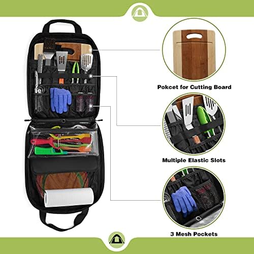 Hanging Camp Utensil Organizer with Towel Paper Holder, Portable Camping Kitchen Cookware Bag for Knives, Forks, Spoons & More, Outdoor Cooking Tools Storage Box for Travel & Hiking, Bag Only