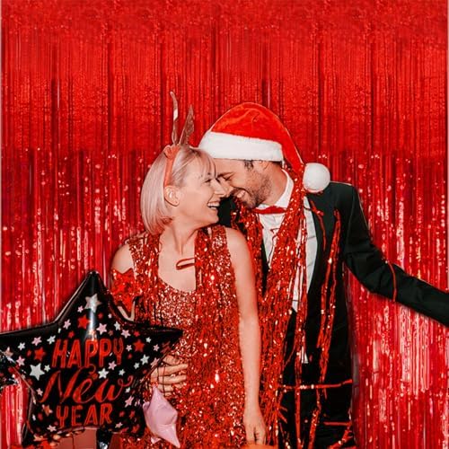20 Pack Foil Curtain Backdrop Red Metallic Tinsel Foil Fringe Curtains Photo Booth Props for Birthday Wedding Engagement Baby Shower Bachelorette Christmas Holiday Celebration Party Decorations